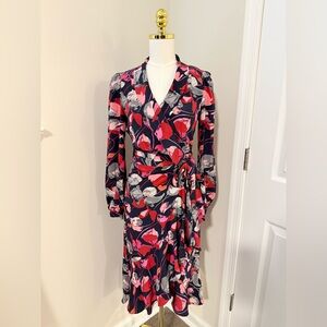 Diane Von Furstenberg Navy, Red and Pink Floral Long Sleeve Dress